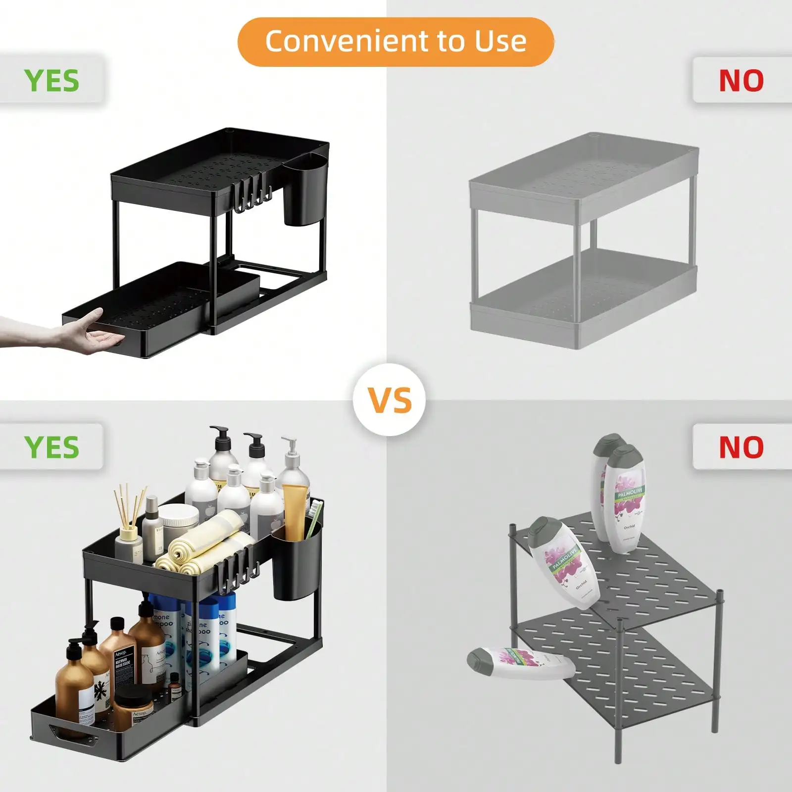 2-Tier Under Sink Organizer with Pull Out Drawers, Slide Out Cabinet Storage Shelf, Double Layer Bathroom Rack for Kitchen, Pantry, Black view 7
