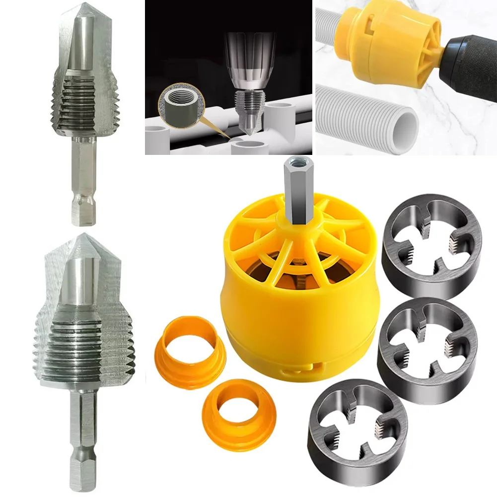 PPR PVC Pipe Threader Tool Set With 1/2 3/4 Inch Dies And Step Drill Bits For Water Pipe Threading Making Electric Drill