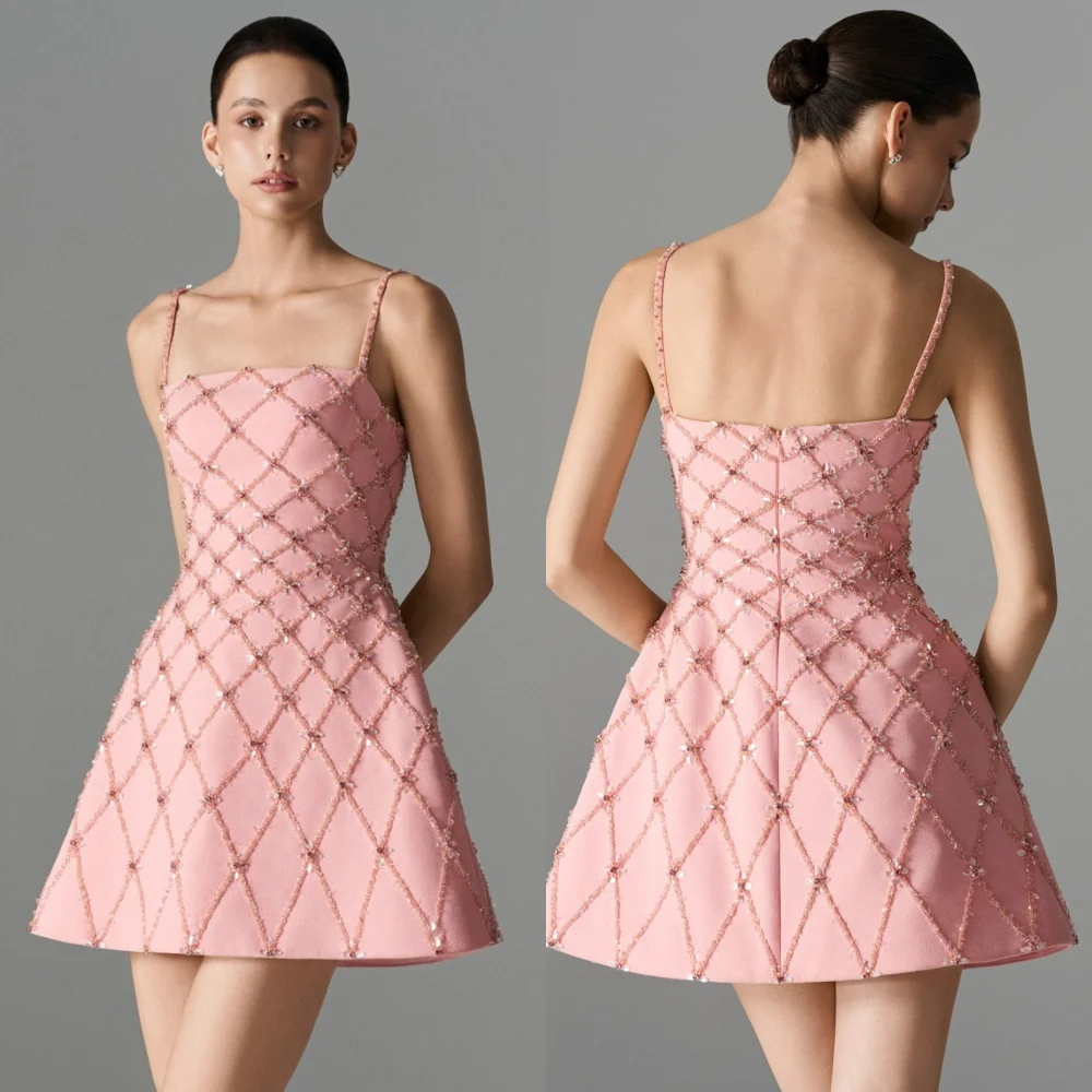

Customized High Quality Fashion Jersey Rhinestone Sequined A-line Spaghetti strap Knee Length Dresses Bespoke Occasion Dresses
