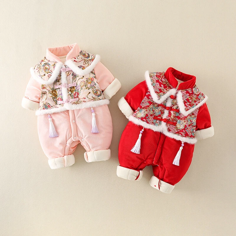 0-2 Years Baby Romper 2024 Chinese New Year Spring Festival Winter Kids Clothing Girls Tangsuit Infant First Birthday Costumes