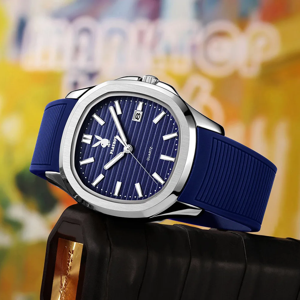 PLAYBOY Mens Watch Square Quartz Watch Silicone Strap Casual Business Date Wristwatch Luxury Fashion Relogio Masculino 3149