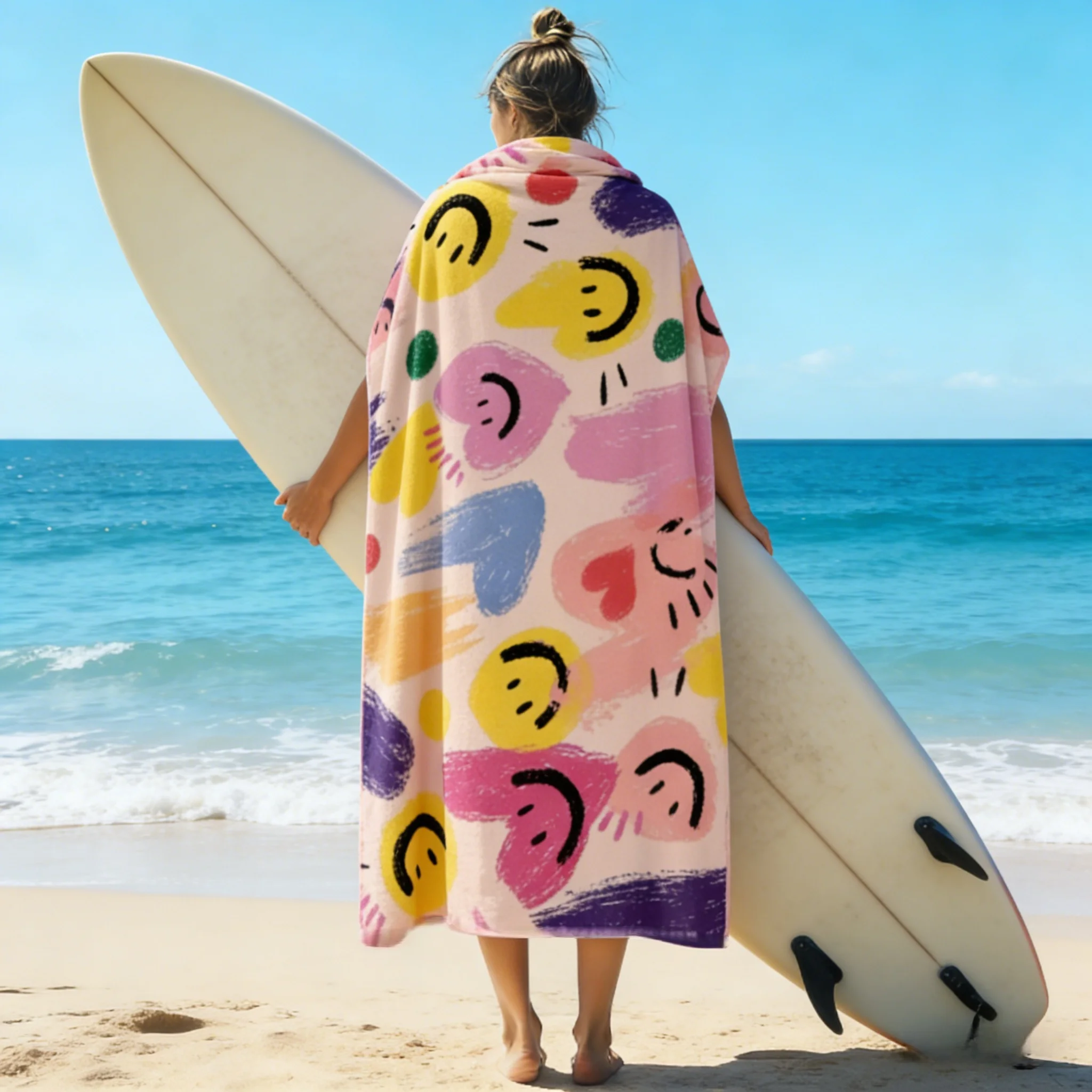 Smile Pattern Soft Absorbent Beach Blanket Towel Quick Dry Multi-Size Flat Print Design for Pool Camping Travel
