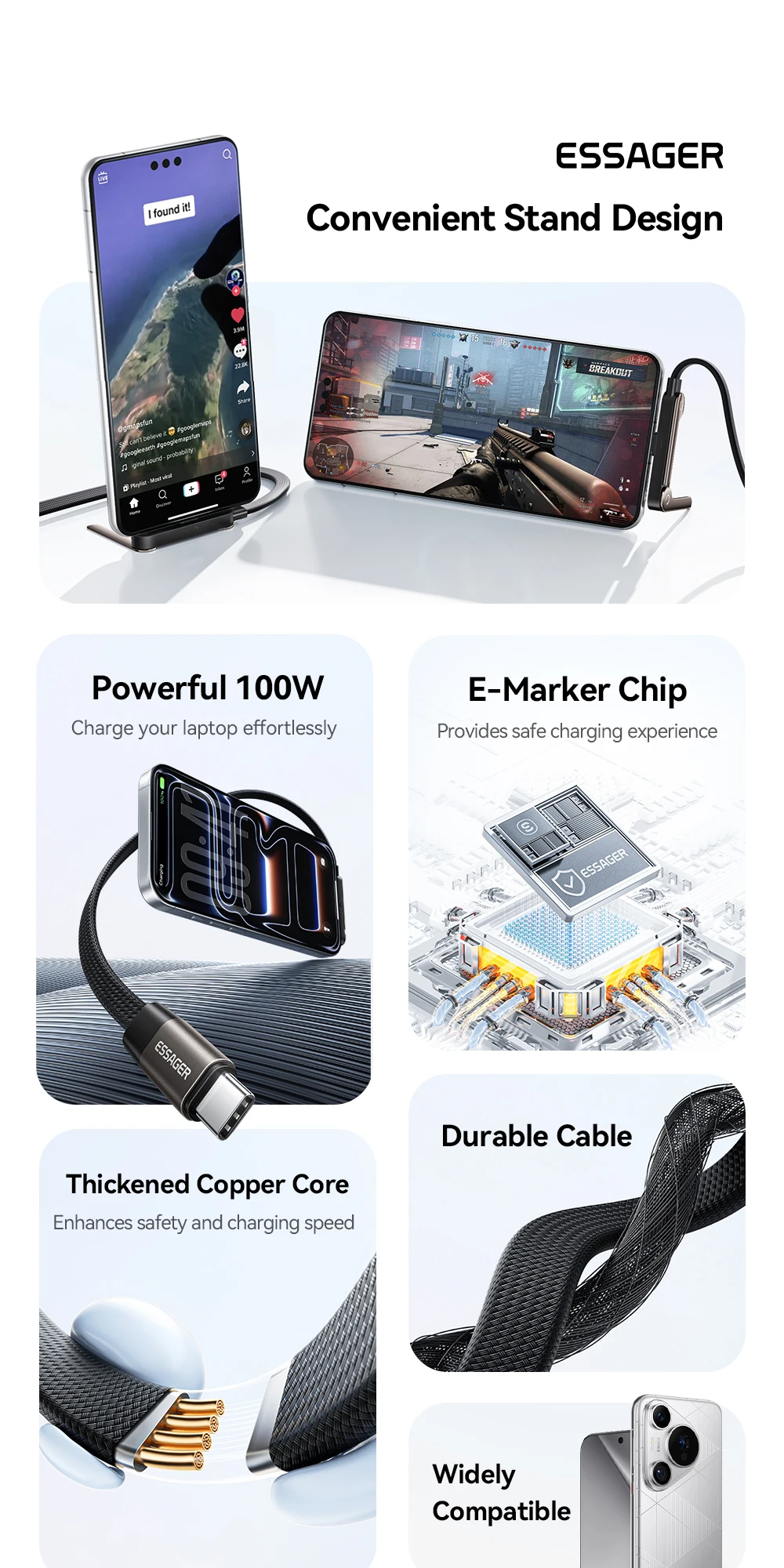 Essager 100W gebogenes USB-C-Kabel 100W für iPhone 17 16Pro Max, Typ-C-Kabel für Macbook Pro, Schnellladekabel für Huawei iPad – Detail 2