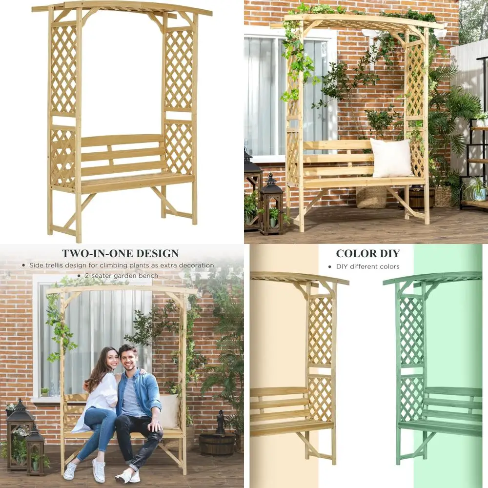 

Садовая скамейка для патио, арка с беседкой и двойными решетками, 3-местная деревянная уличная скамейка для виноградных лоз и вьющихся растений