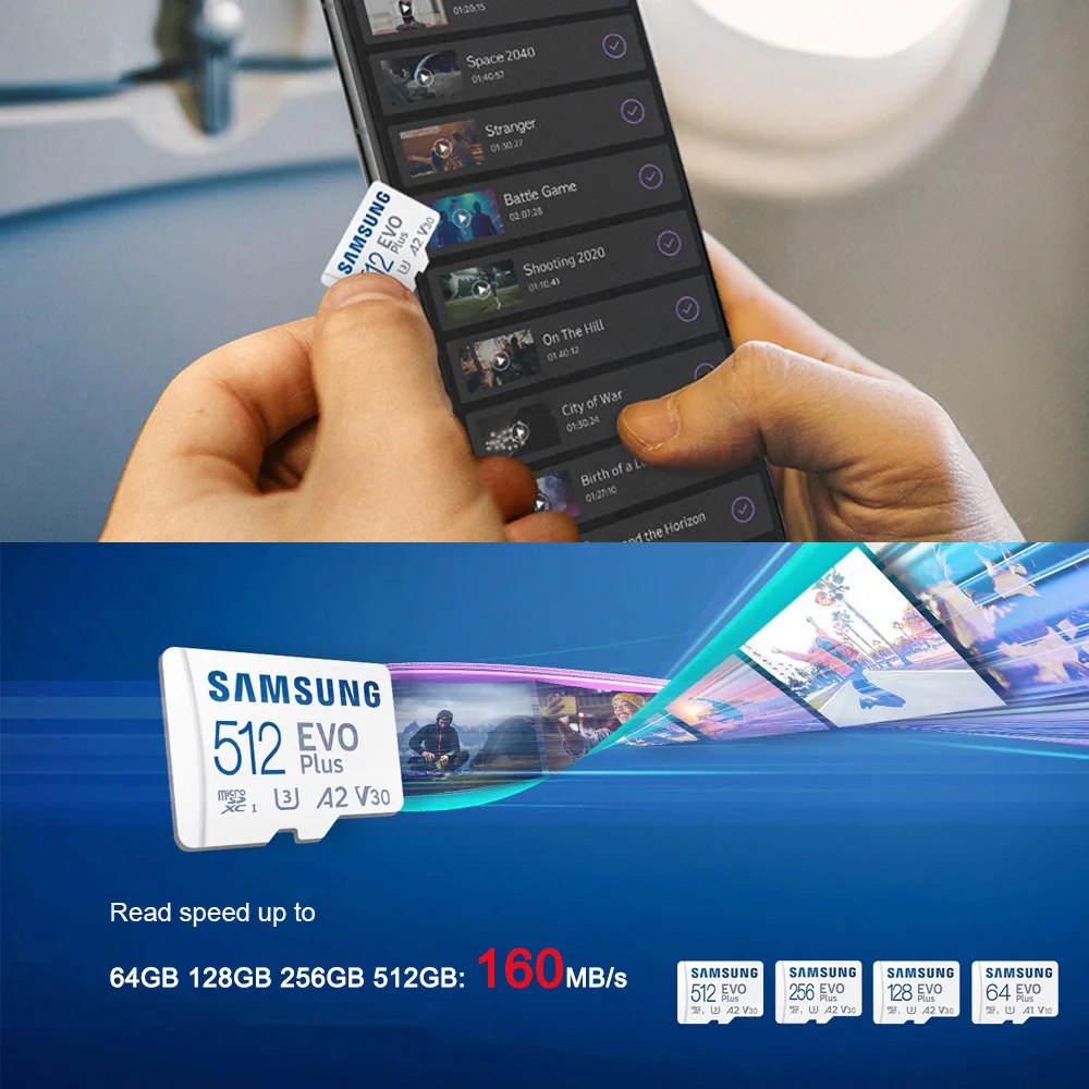 Samsung 1TB 512GB 256GB 128GB A2 V30 U3 Karta pamięci EVO Plus Micro SD 64GB A1 V10 U1 Prędkość odczytu 160MB/s Class10 Karta TF