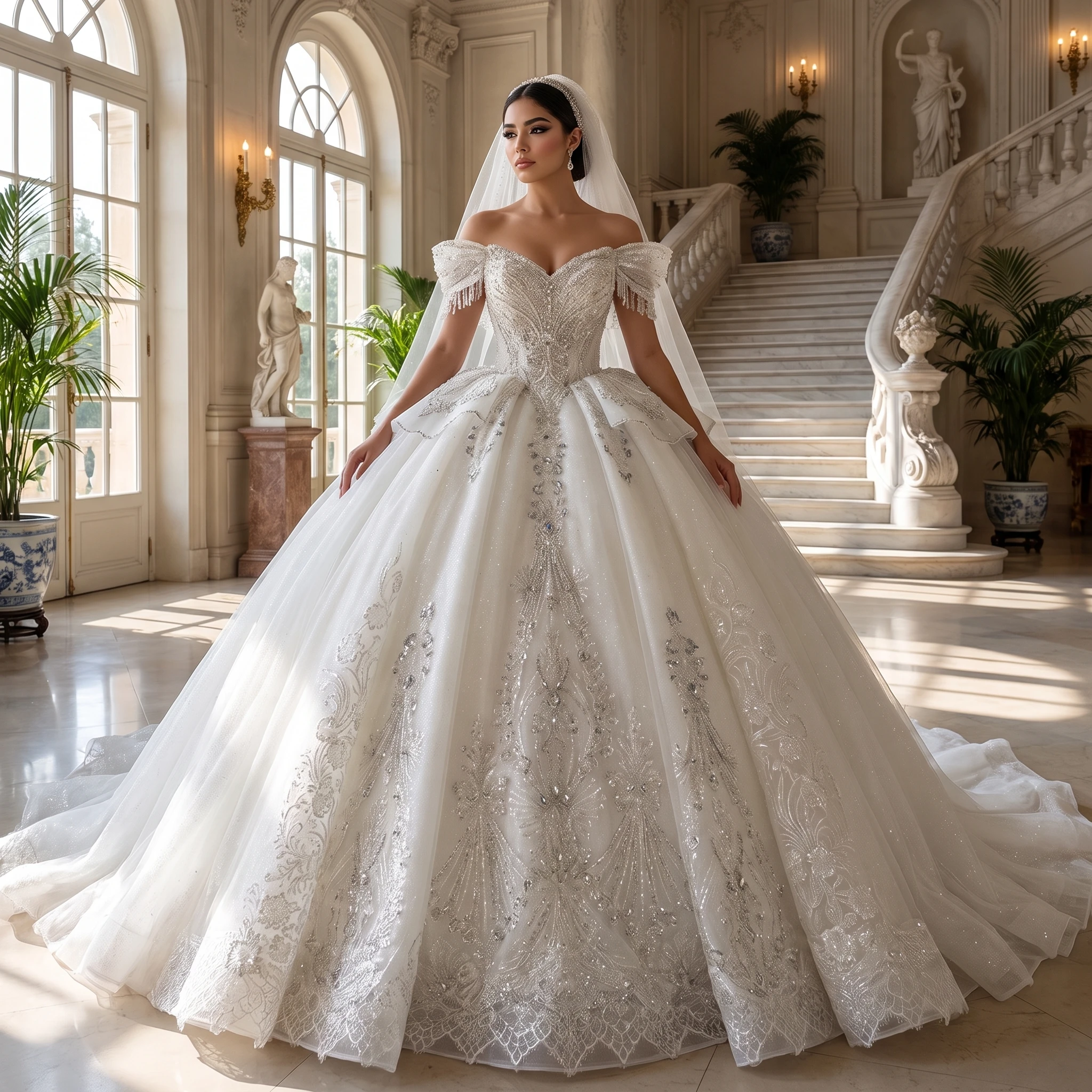 White Ball Gown Princess Wedding Dresses Scoop Customized Short Sleeves Back Lace Up Vestido De Novia Lace Sequined Luxury