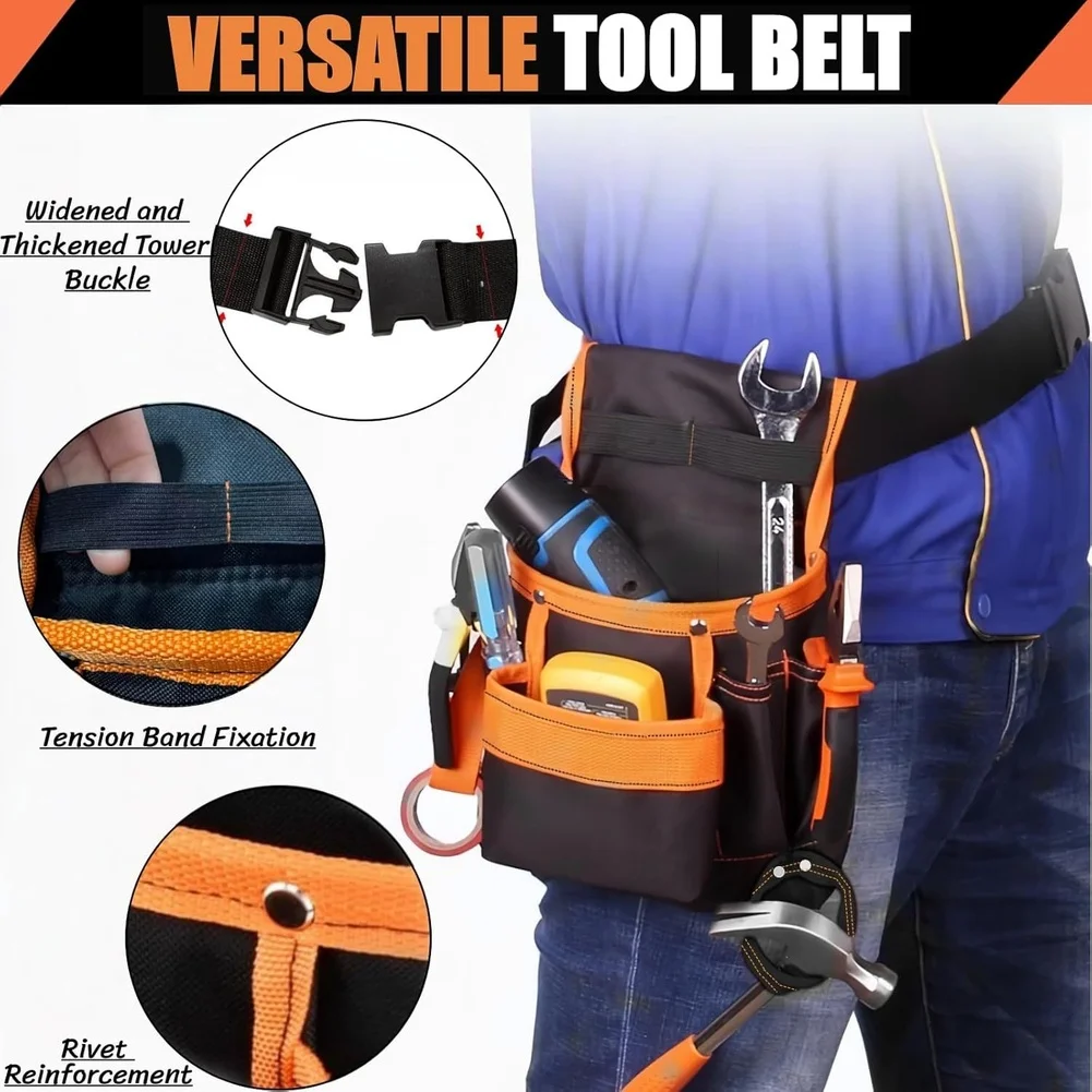 Tool Belt Pouch for Electricians Carpenters Made of Water Resistant Oxford Cloth Adjustable Waist 31 to 45 Inch Fit