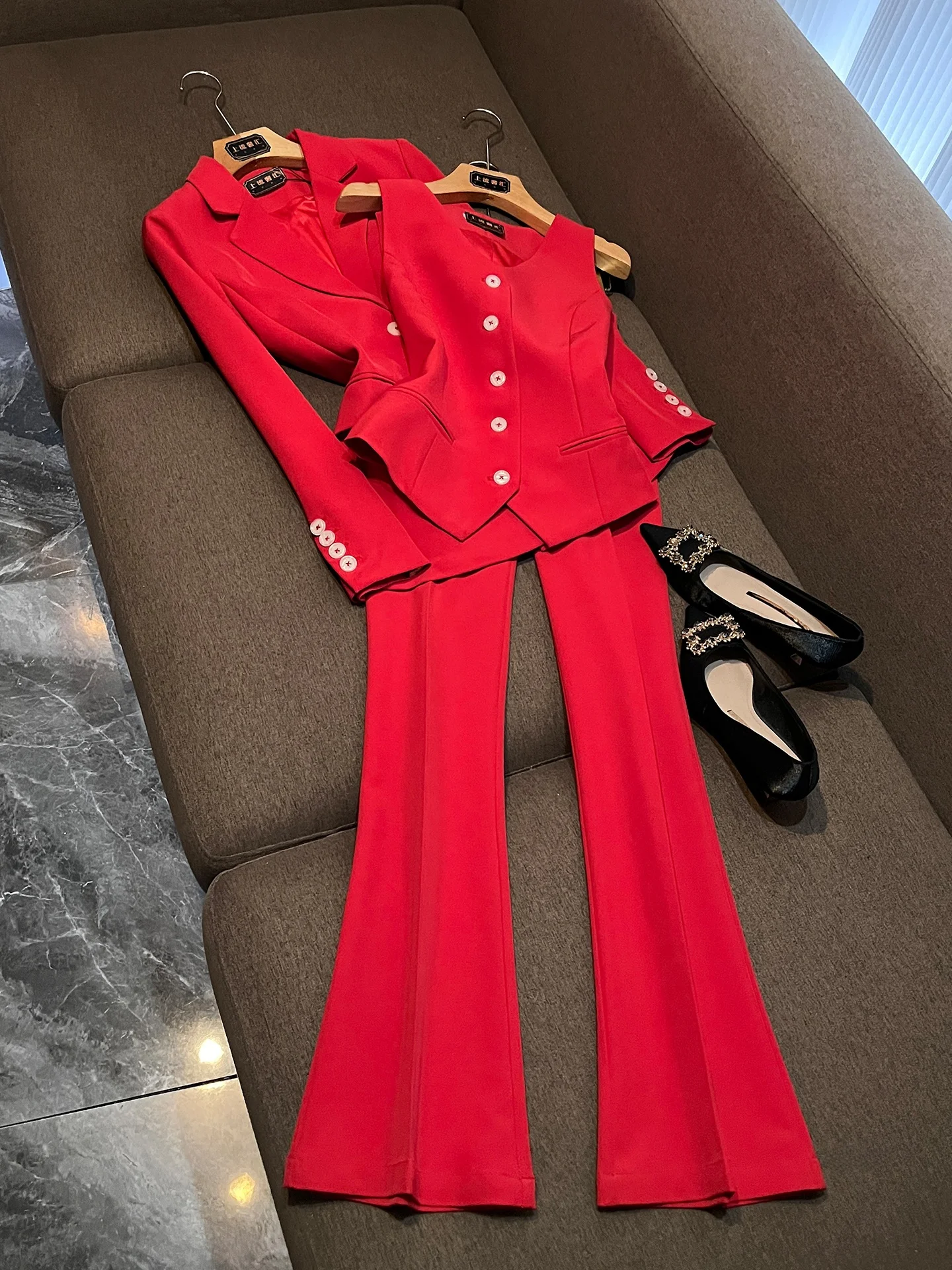 Red Suit Set for Women High Waist Long Pants Button up Long Sleeve Summer Fashionable Professional White Outfit Goddess Style