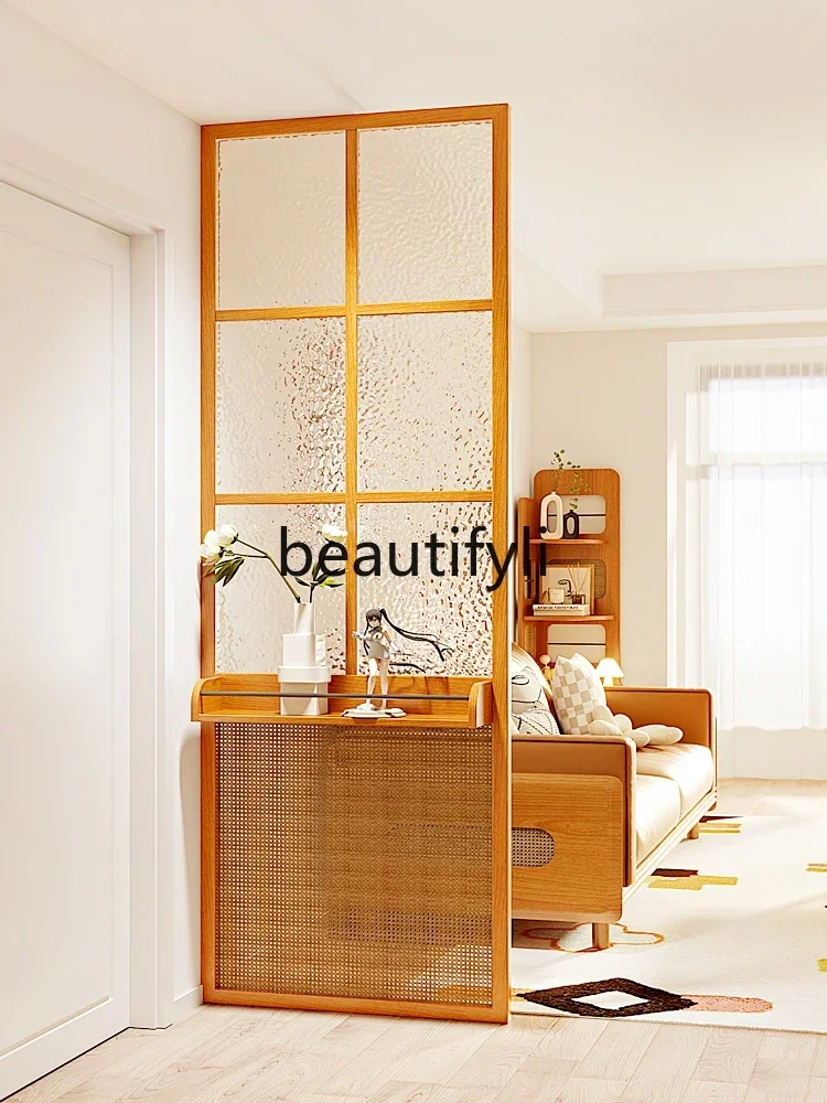 G Screen partition livin room entrance solid wood rack rattan cherry wood water pattern lass