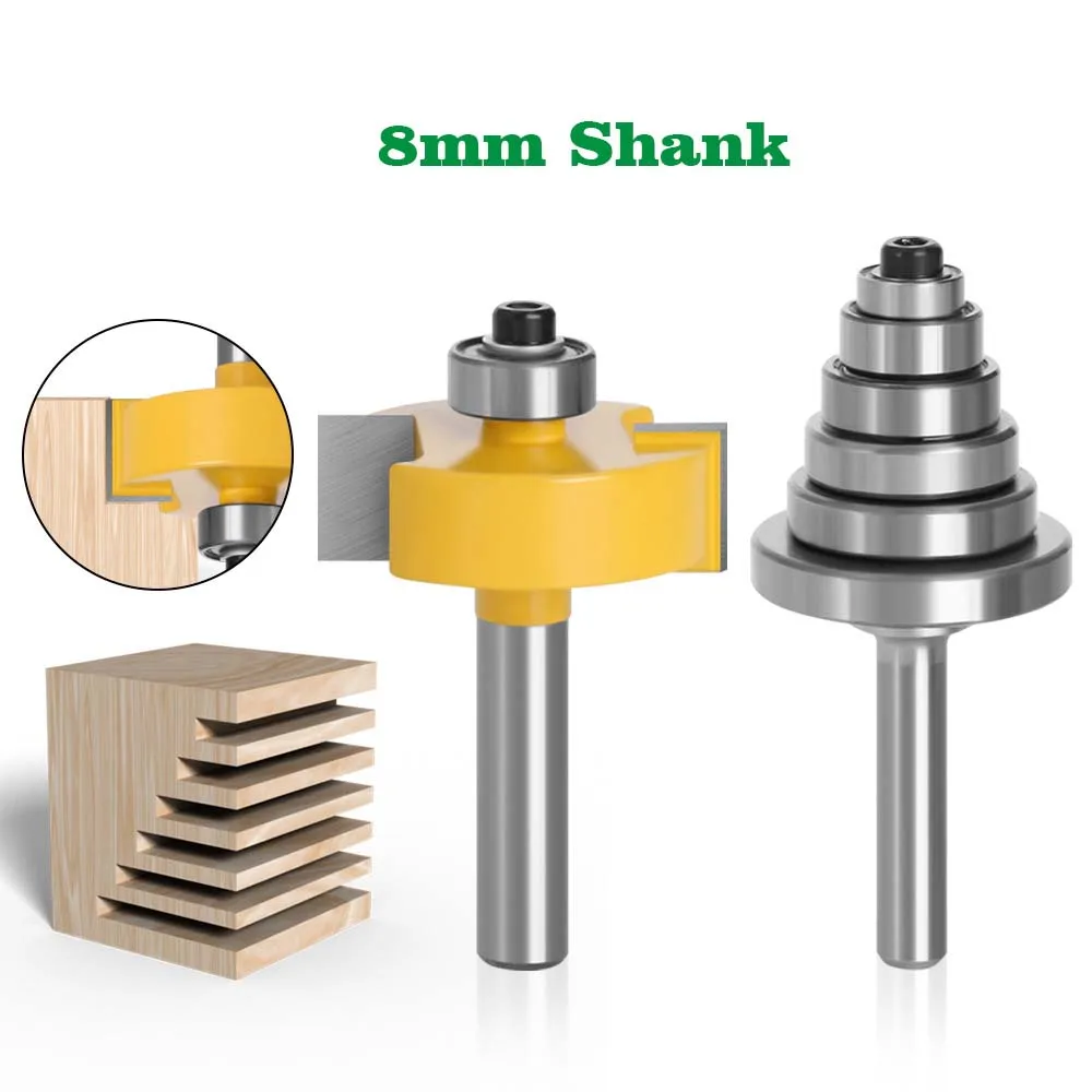 2PCS 8mm Shank Rabbet Router Bit with 6 Adjustable Bearings Tenon Milling Cutter Cemented Carbide Woodworking Bits