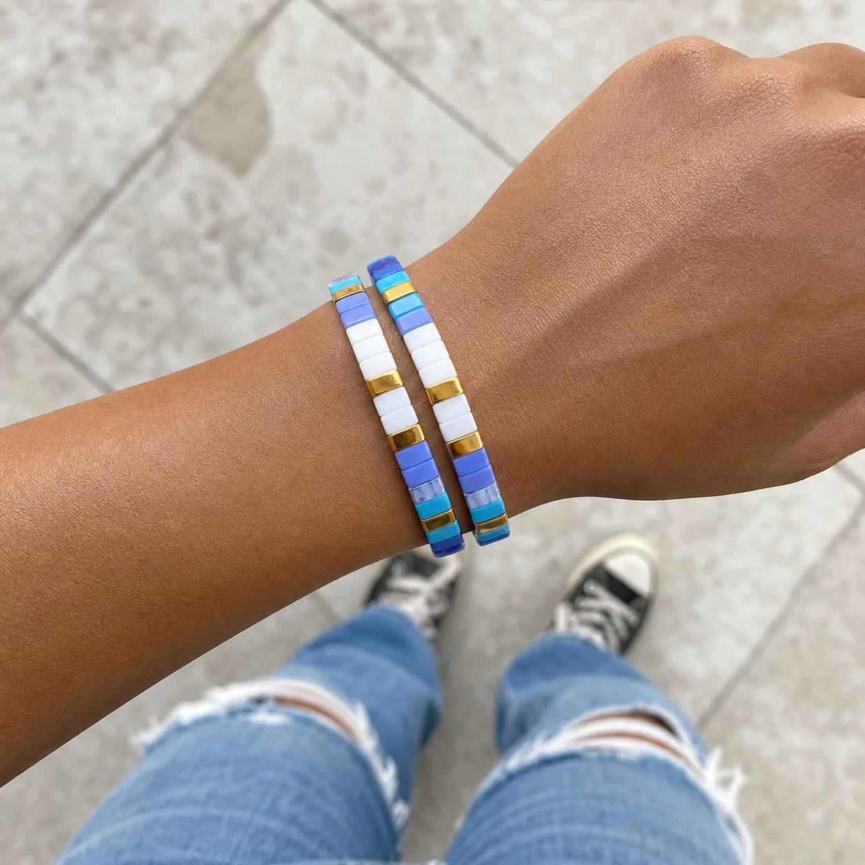 2pcs Blue White and Gold Color Glass Tile Beaded Bracelet Geometric Stretch Strand Stackable Beach Style for Women