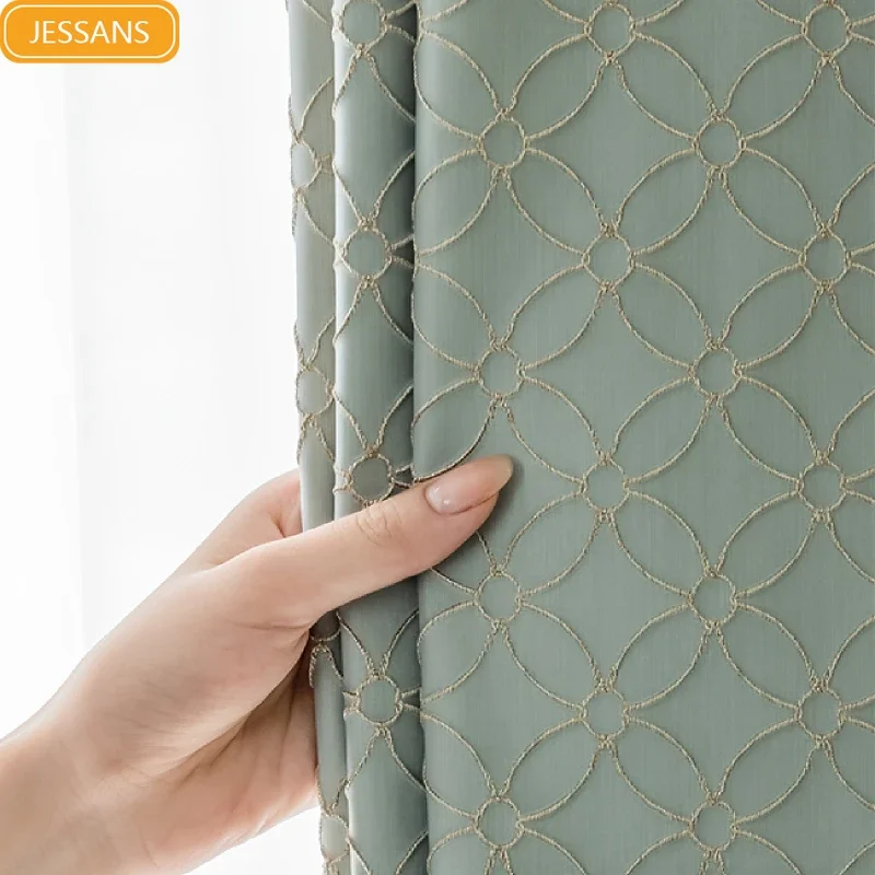 

Custom Grey Green Four Leaf Clover Relief Jacquard Thickened Blackout Curtains for Living Room Bedroom French Window Balcony