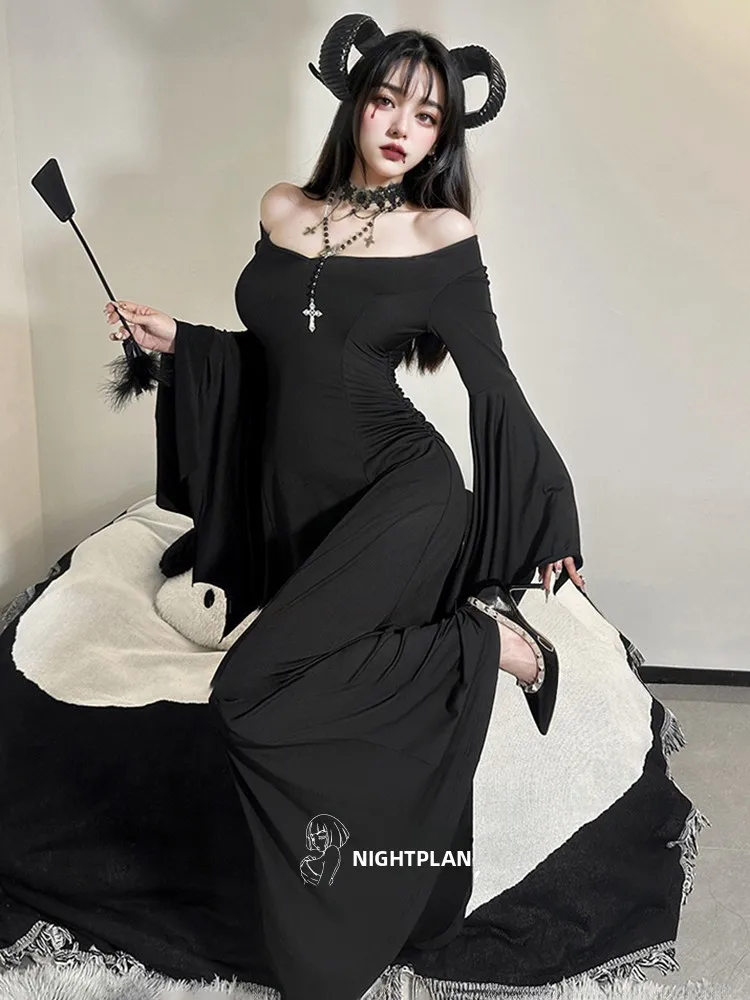 Vestido Gótico Ne de Manga Larga, Ajustado, para loween, Serie Oscura, Falda de Cola de Pez de Cintura Alta, Tela de Po...