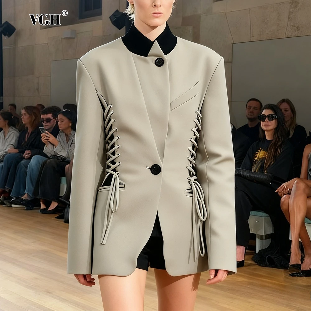 VGH الصلبة مكتب مزاجه السترة للنساء الوقوف طوق كم طويل تقسم الدانتيل يصل التخسيس الحد الأدنى الستر أنثى جديد #1