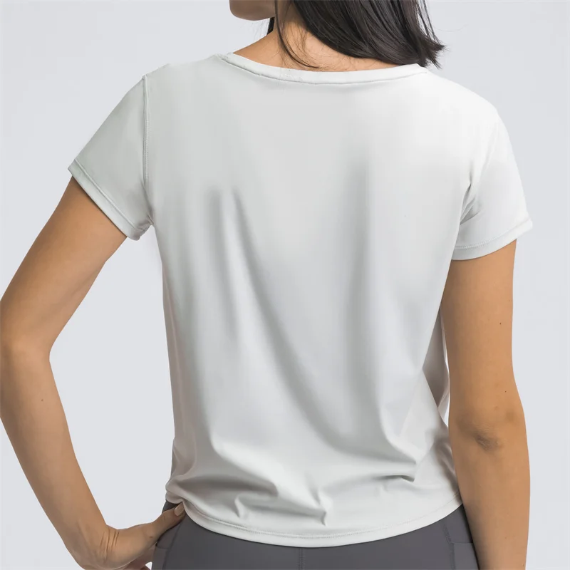 Nepoagym TEMPO Women Lightweight Brushed Workout Tops Loose Fit Waist Length Gym Shirts Short Sleeve Scooped Front Yoga Tees