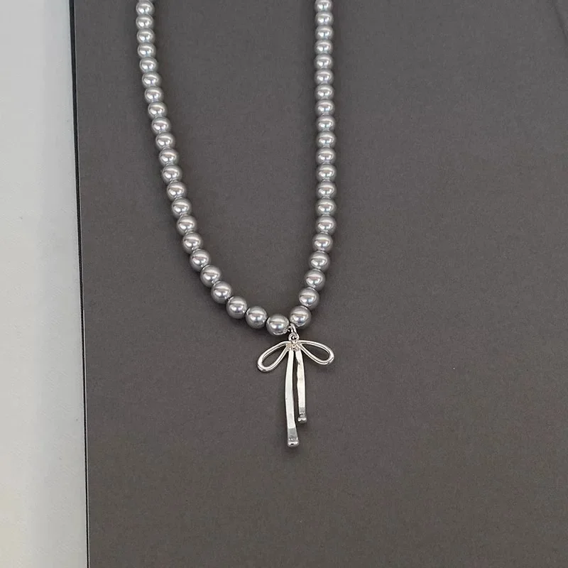 LATS Gray Pearls Bowknot Pendant Necklace for Women Girls Graceful Butterfly Choker Chain Jewelry Gift Accessories image 3