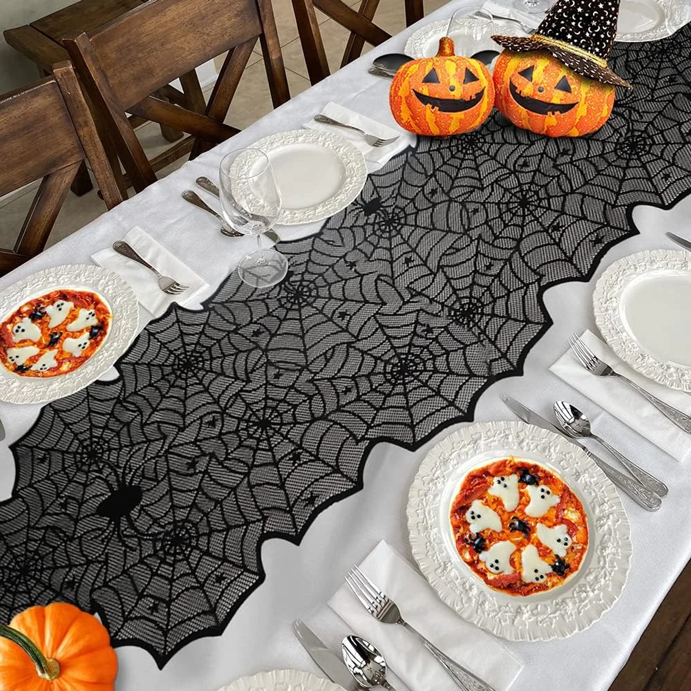 Halloween-Tischdecke, Spinnennetz-Tischläufer aus schwarzer Spitze für Halloween-Dekoration/Party-Dinner-Tischdekoration, 45 x 183 cm – Detail 6
