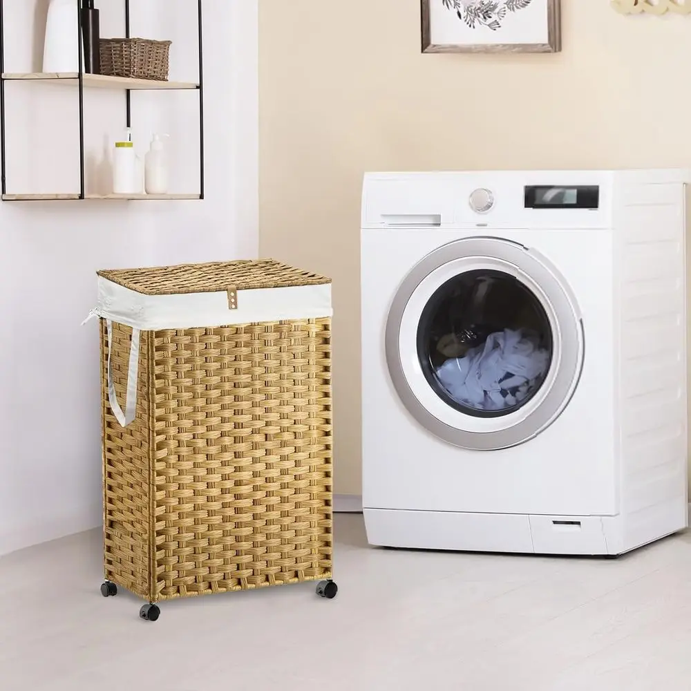 سلة غسيل رفيعة سعة 23.3 جالون مع غطاء، سلة ضيقة طويلة على عجلات، 2 بطانة قابلة للإزالة و3 أكياس شبكية للغسيل