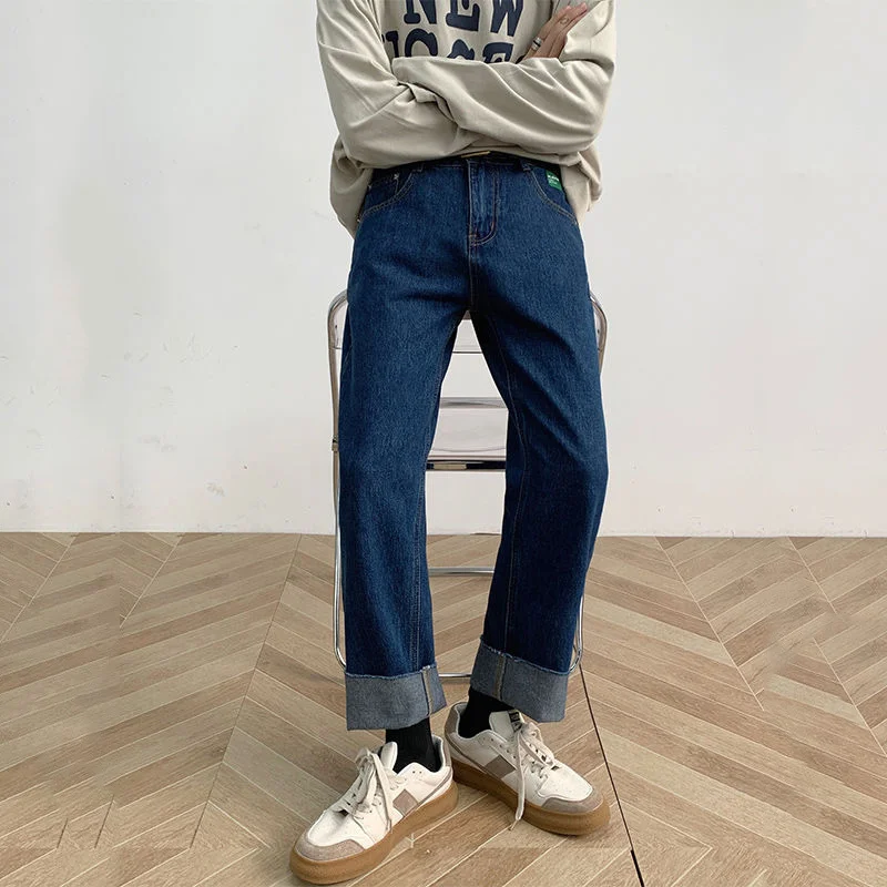 Patch Straight Design Vintage Jeans 2022 New Spring Personality Raw Edge Casual Denin Trousers Ins Trend Long Pants 2A0742