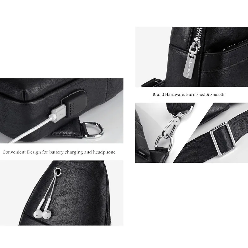Men's Chest Bag Large Capacity PU Leather Crossbody Shoulder Bags with USB charging port Casual Trend
