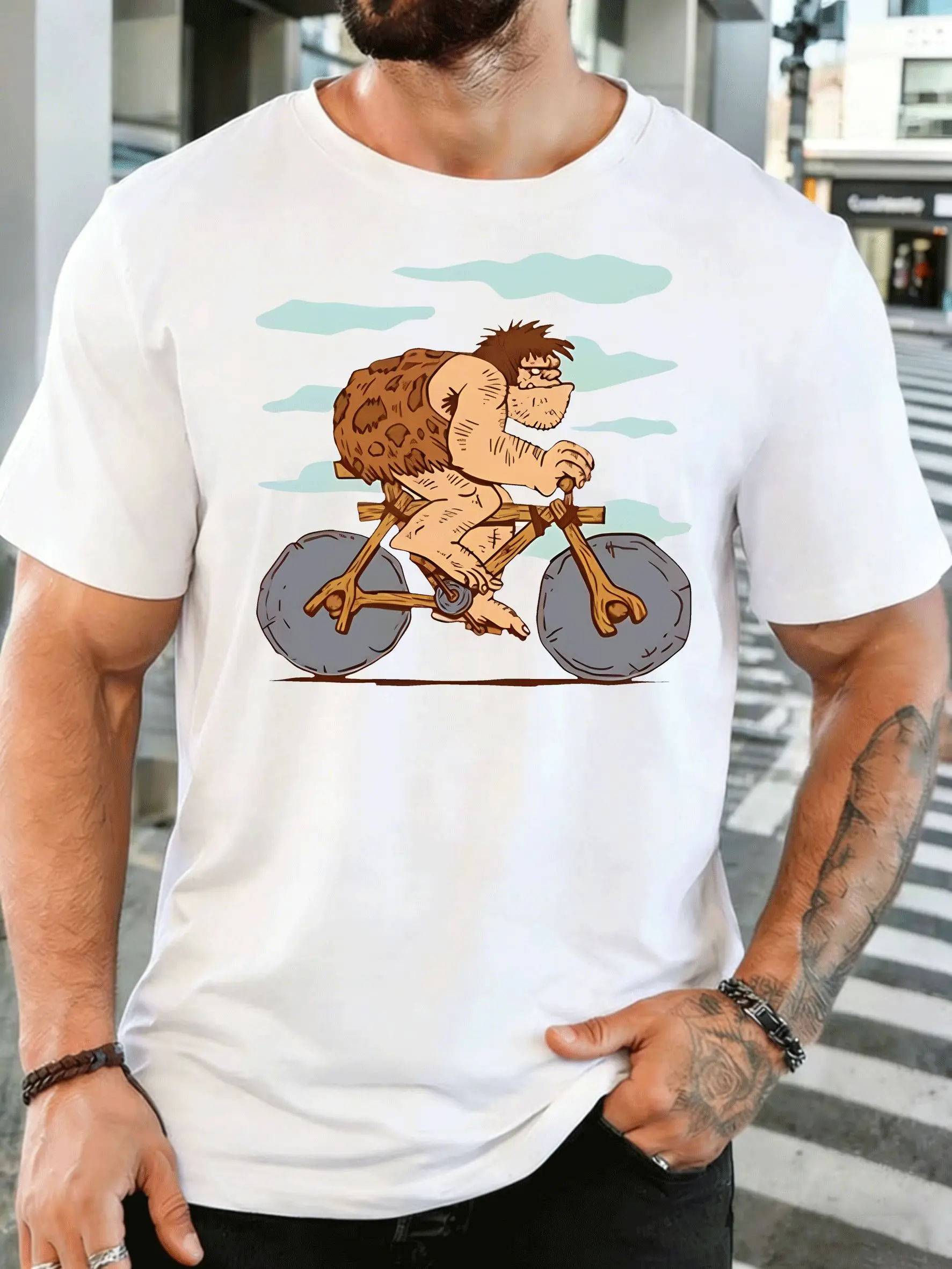 Men Short Sleeve T Shirt Caveman Bicycle Graphic Tee Cartoon Print Tops Summer Soft Cotton Casual Street Wear For Adult Male