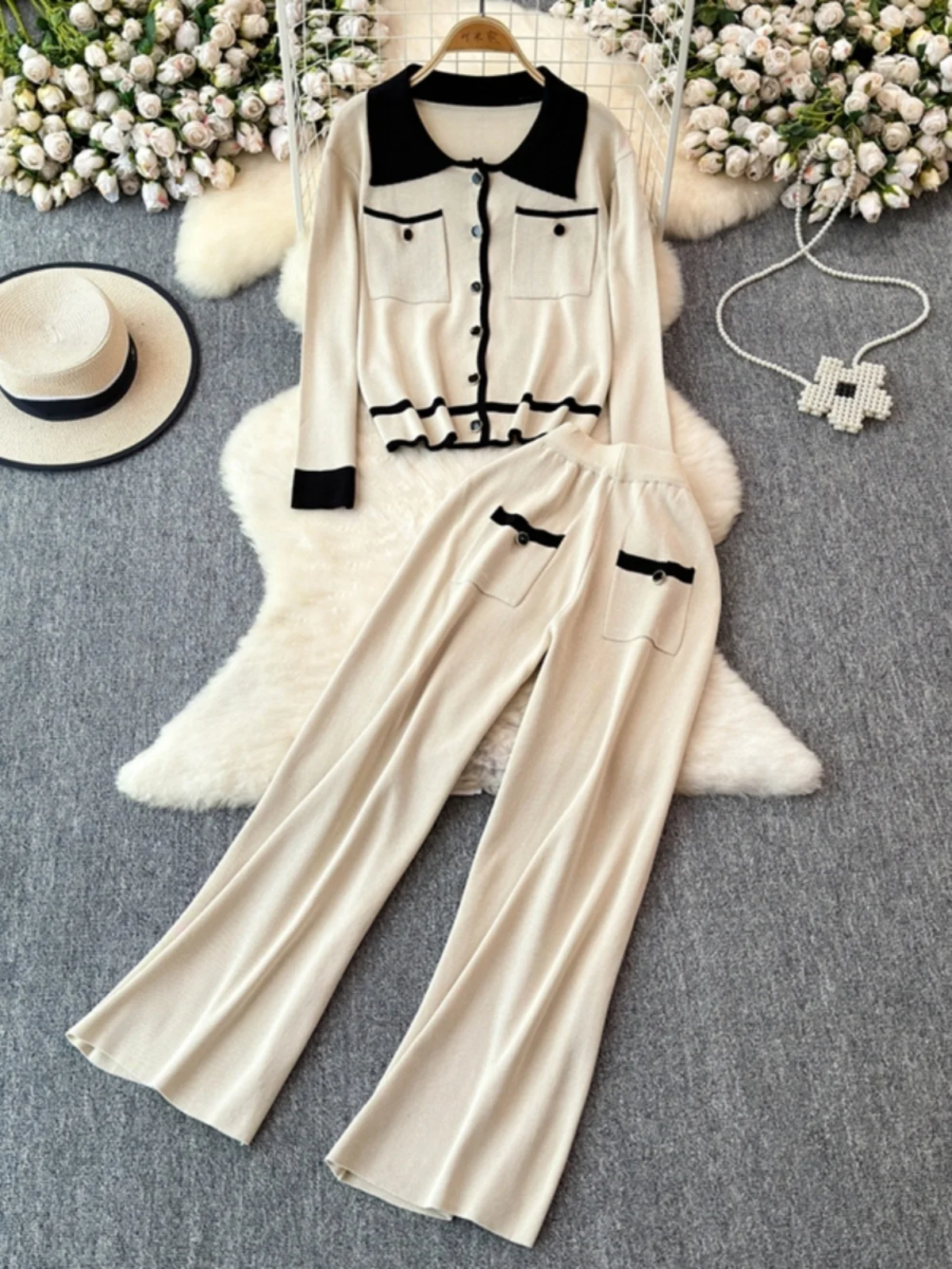 Autumn Winter Knitted Two Piece Sets Women Knitting Cardigants Long Wide Legs Pants Suits Knitwear