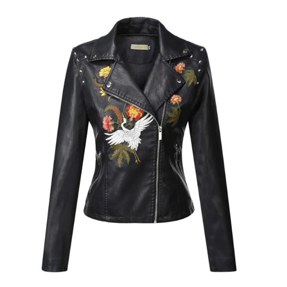 

New Women's Fashion Pu jacket Embroidered Rivet Loose Heavy metal Faux Leather Short Moto Coat