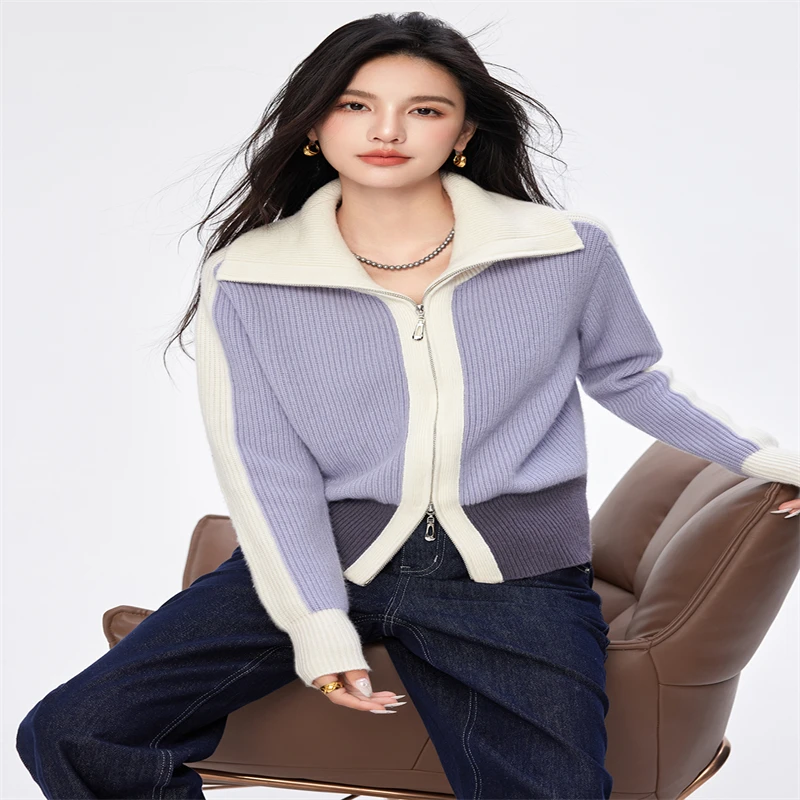 H Han Queen Autumn Winter Soft Colorblocking Long Sleeve Fashion Zipper Cardigans Women Clothing Casual Simple Basics Sweaters