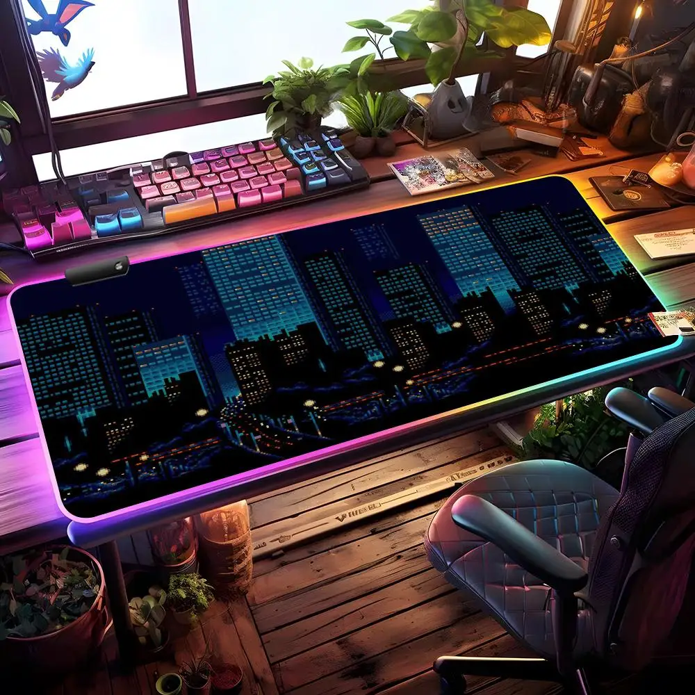 

Коврик для мыши Pixel Art Cityscapecl, игровой коврик для мыши RGB, настольный коврик HD для геймеров, большой коврик для мыши с LED-подсветкой XXL