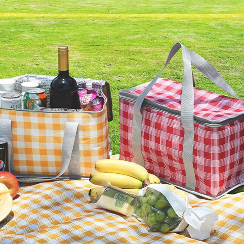 Pack Tote Pouch Women Plaid BBQ Meal Food Hand Bags Thermal Insulated Cooler Box Camping Food Storage Bag Spring Day Picnic Bag