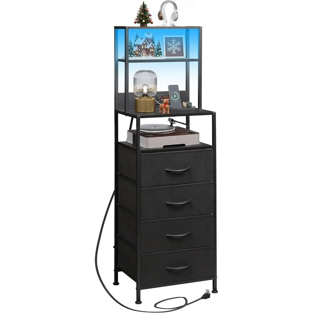 

Contemporary LED Nightstand with Charging Port and Open Shelves for Bedroom, Living Room, or Office in Black