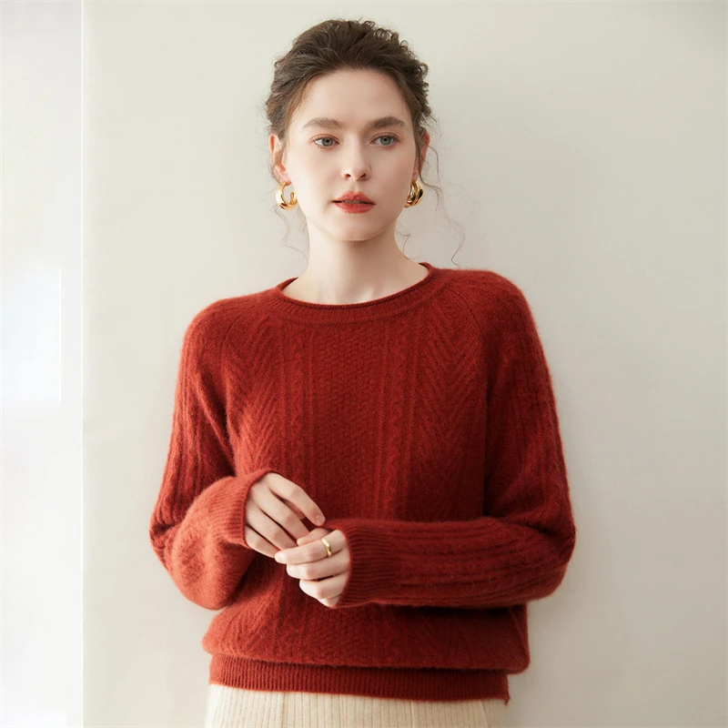 New Chic Women 100% Cashmere Sweater Cable Knit Curl O-Neck Pullover Shirt Autumn Winter Soft Thick Warm Bouse Woman Top Clothes