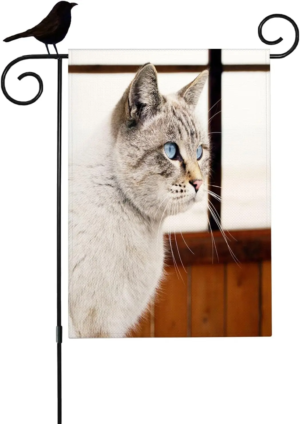 Mugod Cat Small Garden Flag for Outside, Beautiful White and Gray Striped Tabby Cat with Blue Eyes Vertical Burlap House Flags 1