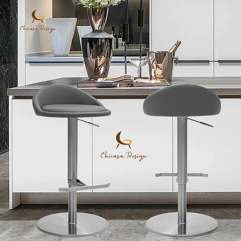 Modern Brown Leather Swivel Bar Chair For Kitchen Use Nordic Luxury Metal Stainless Steel Frame Adjustable Height Bar Stools
