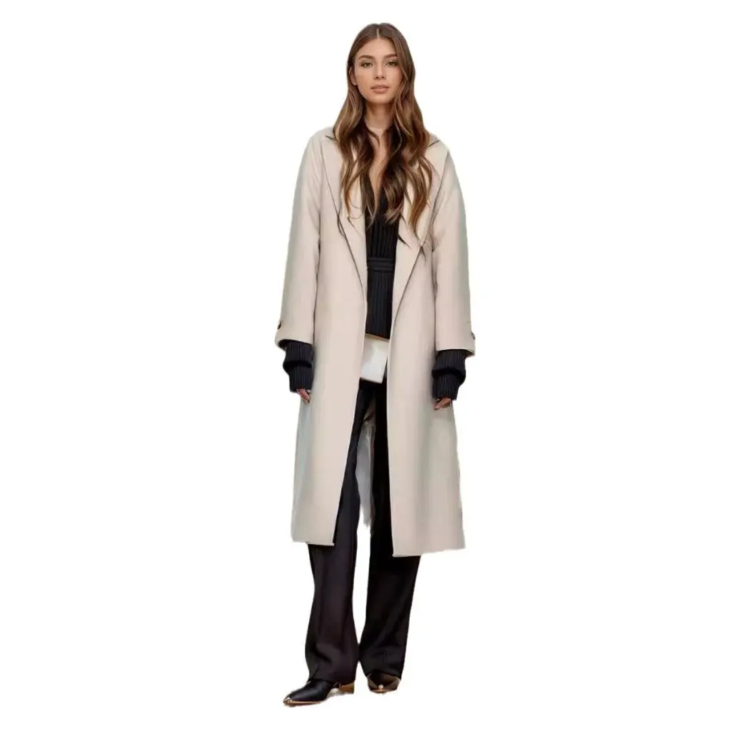 

Women's European Style Woolen Coat over Knee Thickened Lapel Super Long Slim-fit Outerwear for Autumn And Winter