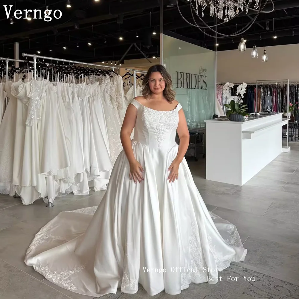 Verngo lvory Satin A Line Weddng Dress Off Verngo Plus Size Spaghtti Straps Wedding Dress Princess Appliques Floral Bridal Gow