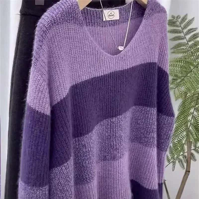 女性用パープルストライプニットセーター,ルーズウールセーター,カジュアル,ソフトニット,秋のファッション