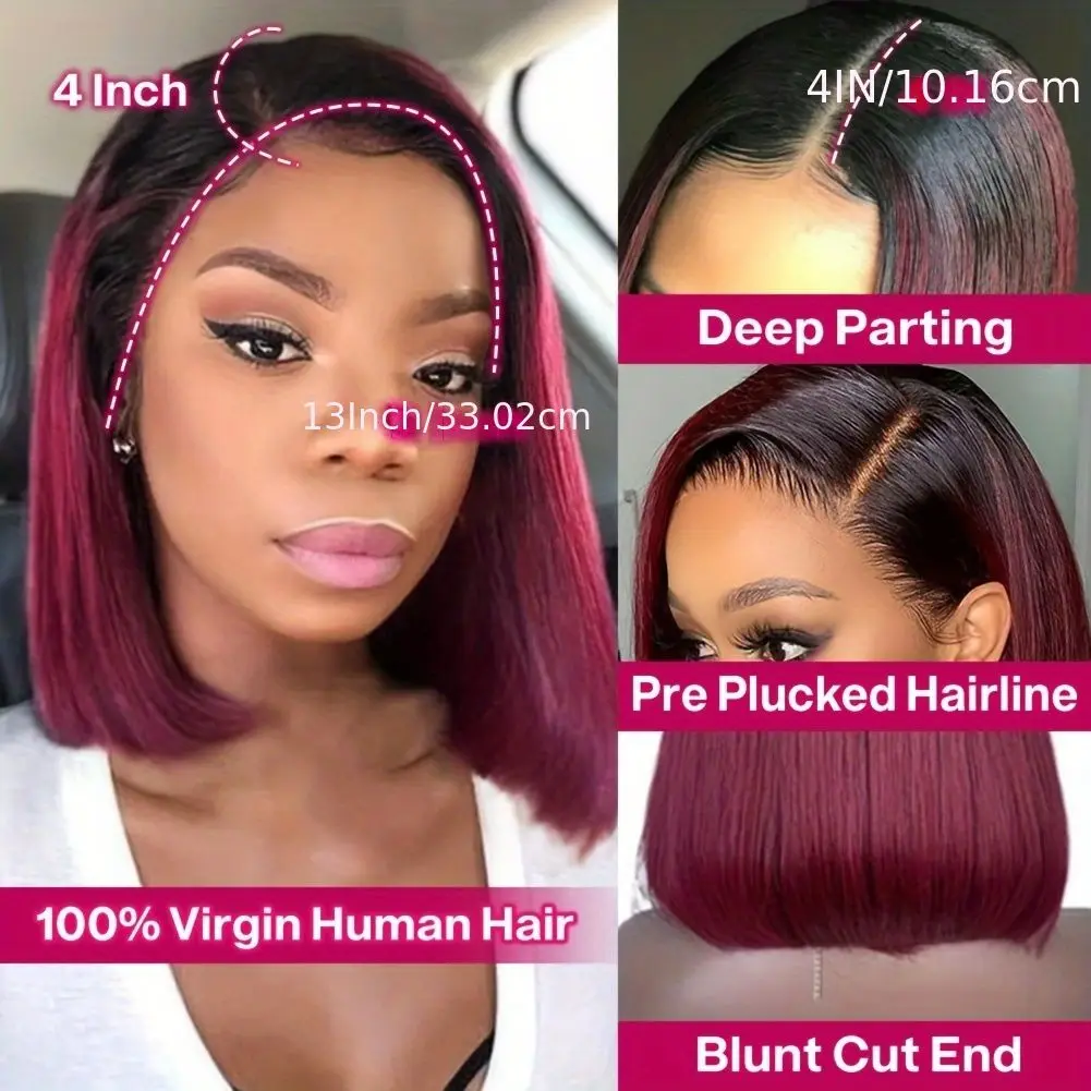 13x4 Lace Front Wigs Human Hair Bob Frontal Wigs 1B 99j Short Straight Bob Wig Human Hair 1B Burgundy For Black Women 12 Inch