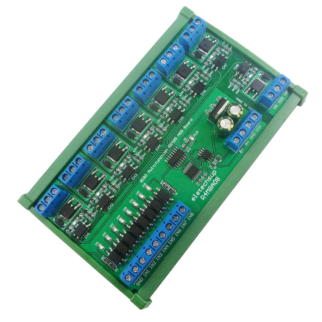 Integrate Circuit: Multi-Function ModbusRTU MOSFET Module 5A DC 6-24V 8I8O Support RS485 Switch Control Board DIN35 Rail Box
