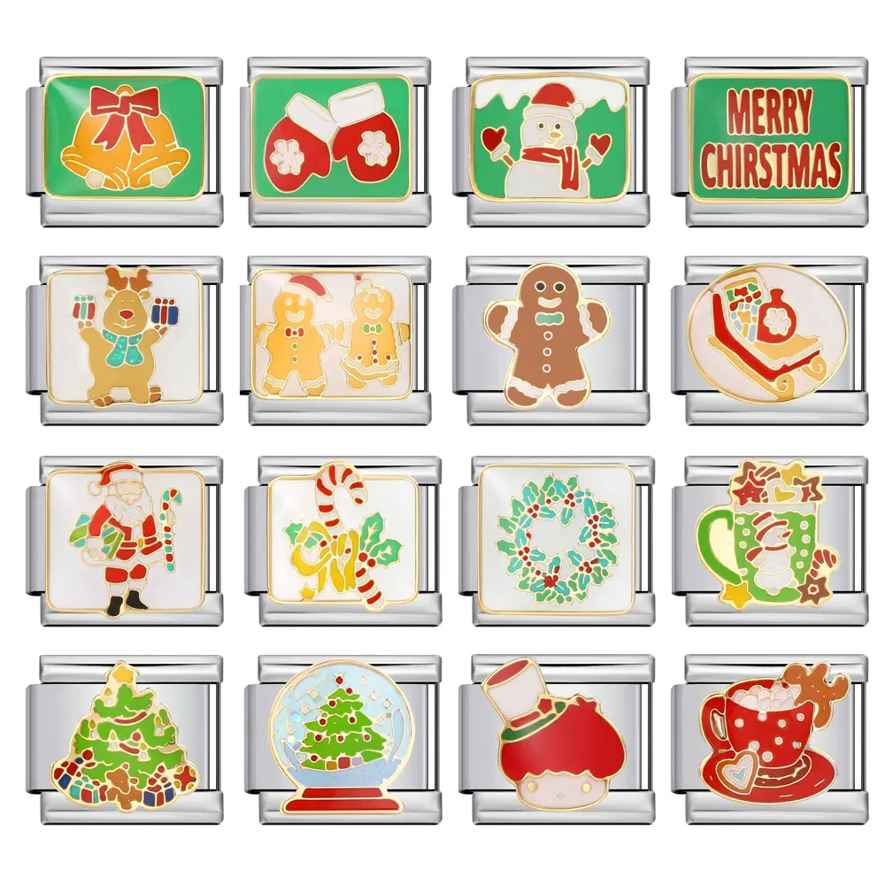 Semkeiyee Christmas Tree Snowman Elk Gingerbread Man Gift Italian Charm Link Stainless Steel Bracelets Making DIY Beads Jewelry
