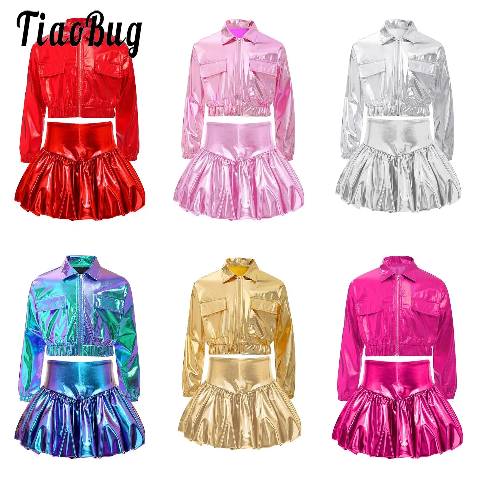 Kids Girls Shiny Jazz Dance Performance Outfit Long Sleeve Metallic Jacket with Bubble Skirt Modern Street Cheerleader Dancewear