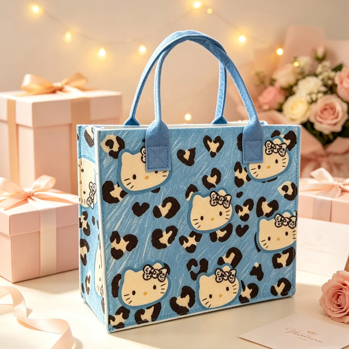 Cute Hello Kitty Leopard Print Felt Tote Bag Large Capacity Cartoon Handbag Reusable Storage Shopping Bag Girls Gift