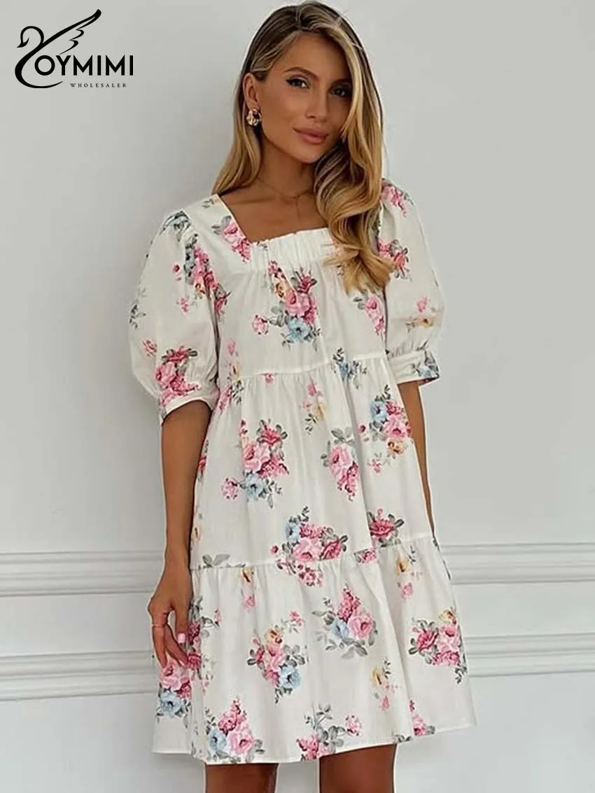 

Oymimi Women's White Floral Mini Dress 2026 Spring Square Neck Puff Sleeve Tiered Ruffle Sweet Cute Elegant Casual Outfit Famale