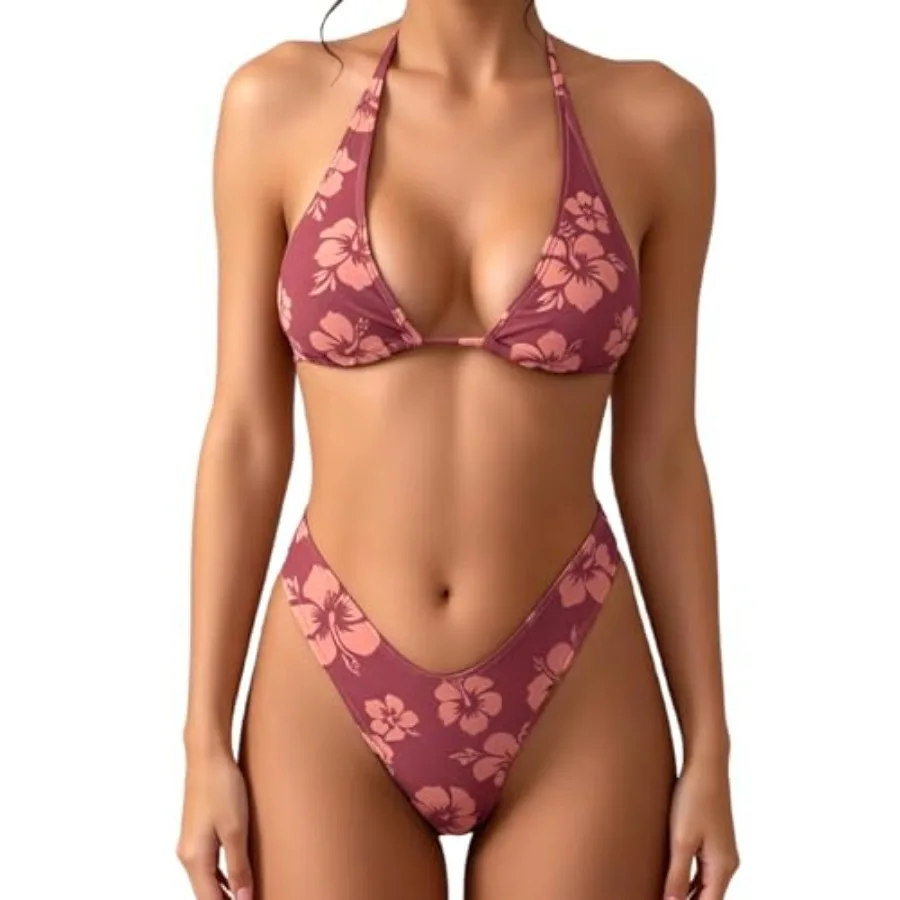 MakeMeChic Women's Triangle Thong Bikini Sets Floral Cute Bathing Suit Swimsuits