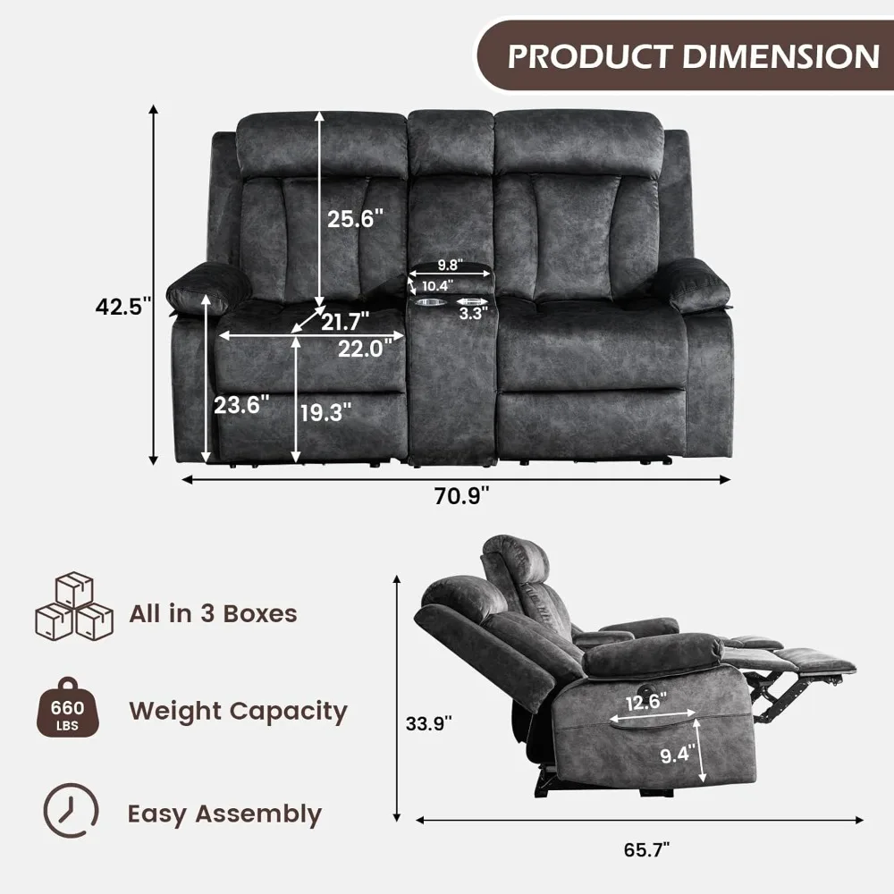 Sofá reclinável elétrico com console, sofá reclinável com massagem e calor, sofá elétrico perfeito para sala de estar