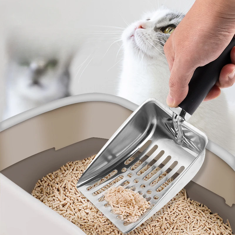 Stainless Steel Cat Litter Scoop with Rubber Handle Metal Kitty Scooper Sturdy Mesh Scooper Litter Filter Pet Cleaning Tools