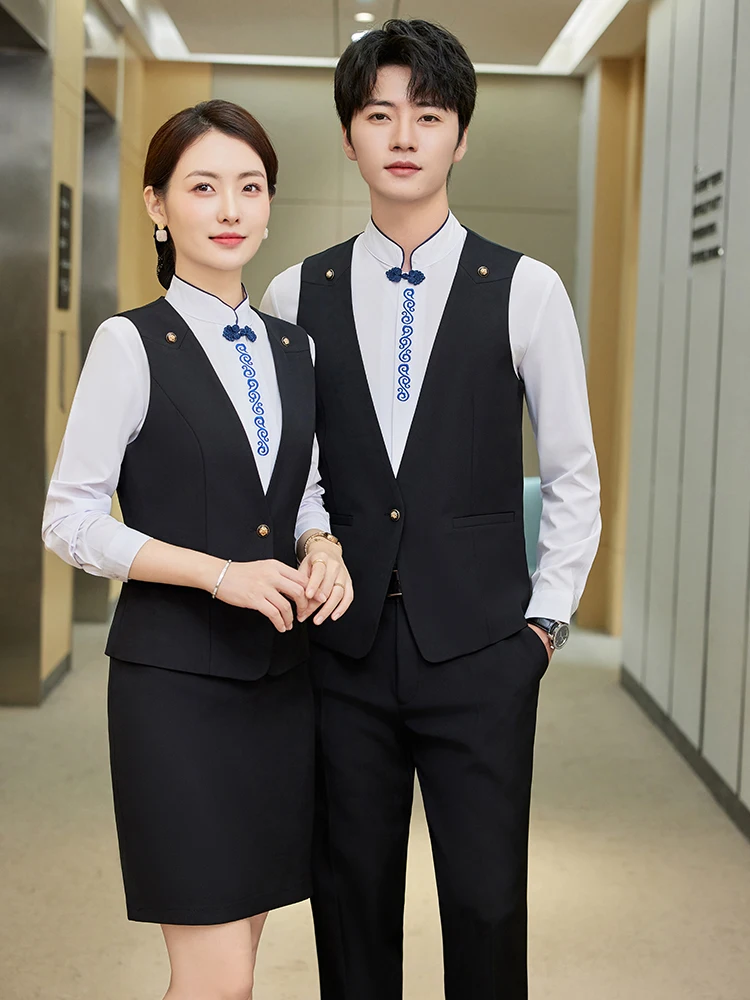 

High-End Profional Vest Set Men's Women's Autumn Winter Chinese Sle Tea House Hotel Front Desk Restaurant Service orm