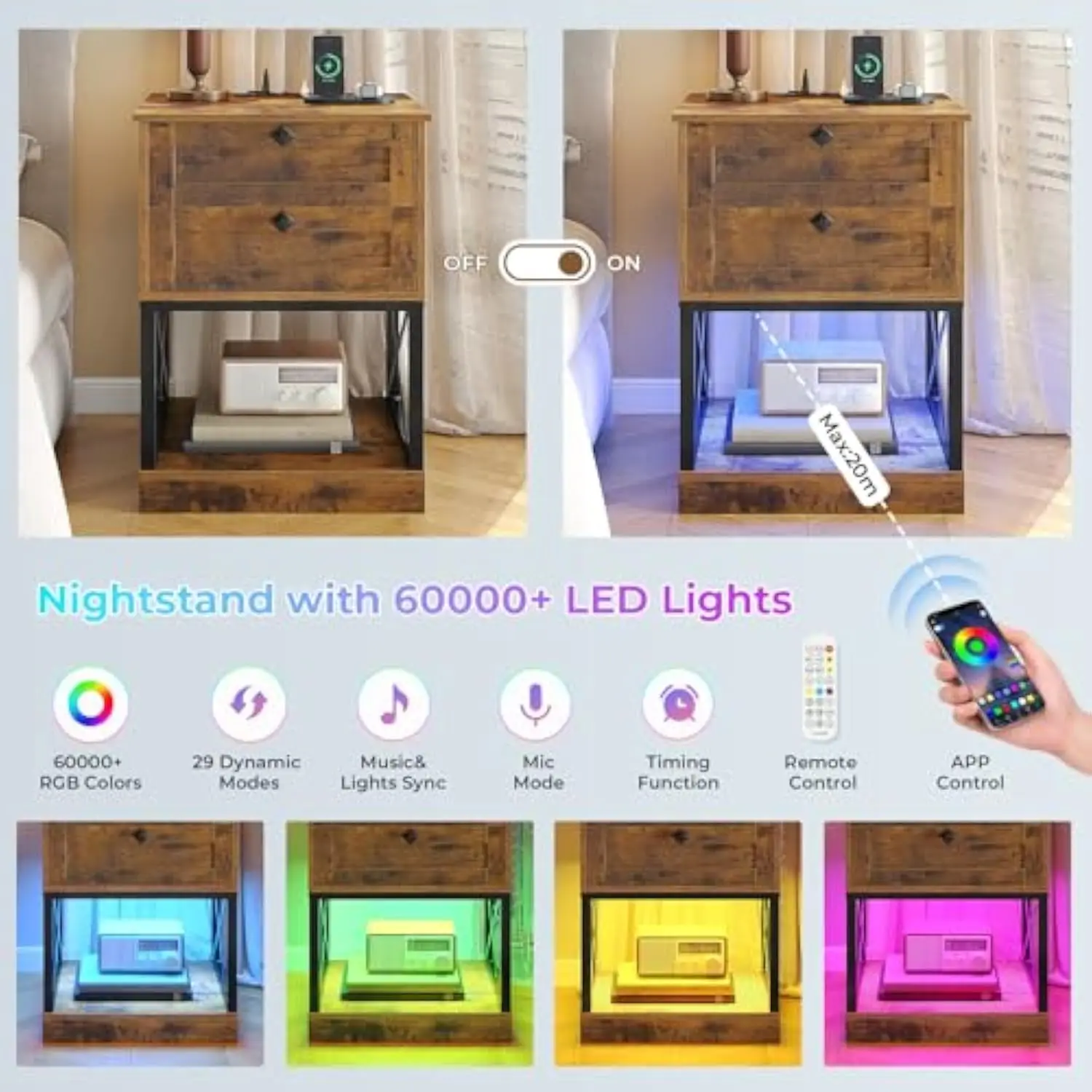 Rustikaler Nachttisch im 2er-Set mit Ladestation und LED-Leuchten, braunes Nachttisch-Set 2 mit Ladestation, 2 Schubladen