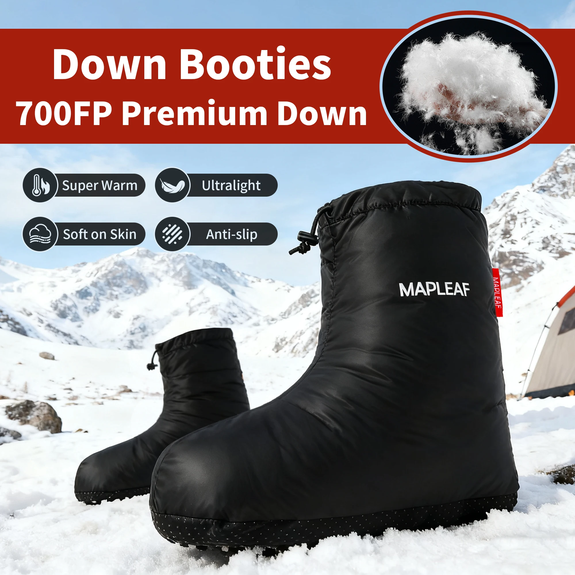 MAPLEAF Down Booties 700FP Ultralight Warm Camping Slippers Sleeping Socks Anti-Slip Indoor Tent Shoes Car Home Indoor Winter