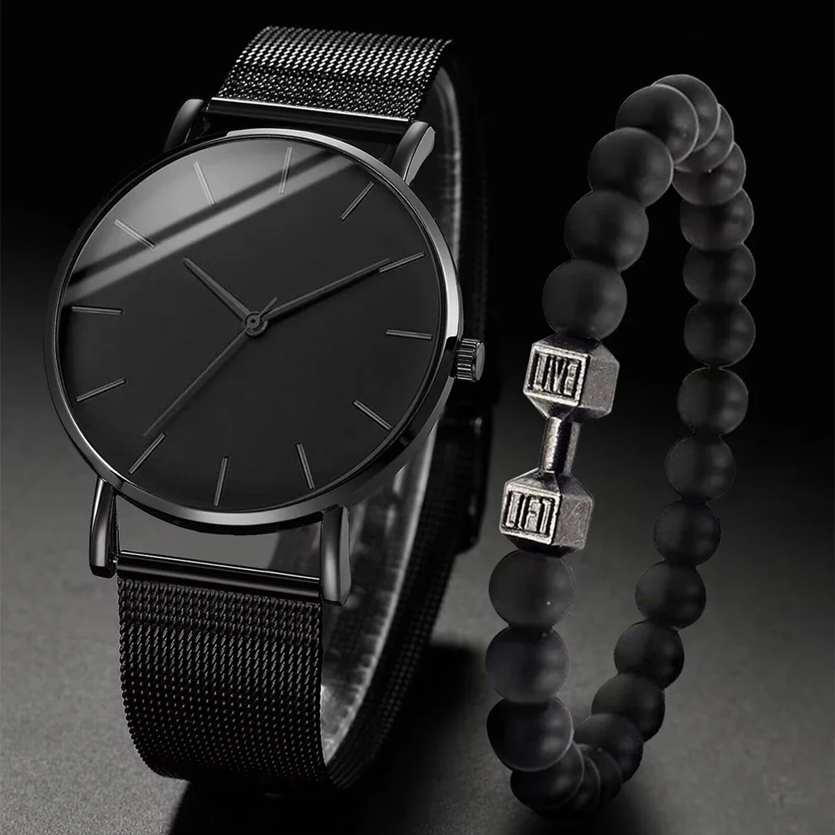 2PCS/Set Fashion Men's Black Mesh Band Quartz Watch With Beads Bracelet（Box not Included）